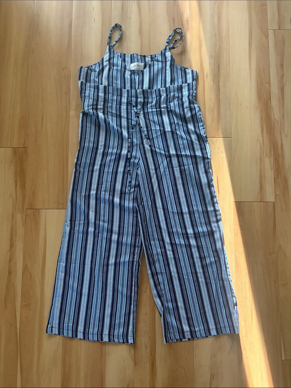 Blue Striped Wide-Leg Spaghetti-Strap Jumpsuit